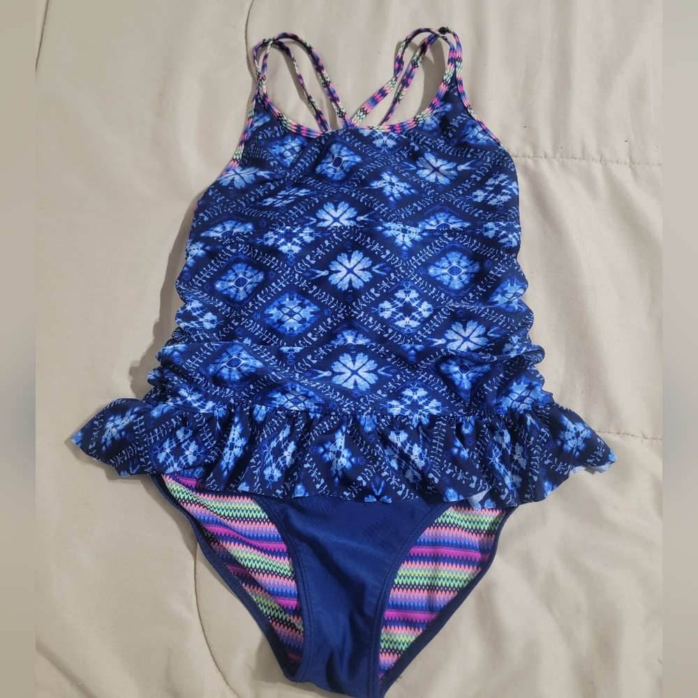Girls Blue Ruffle One-Piece Swim Suit - Size 10